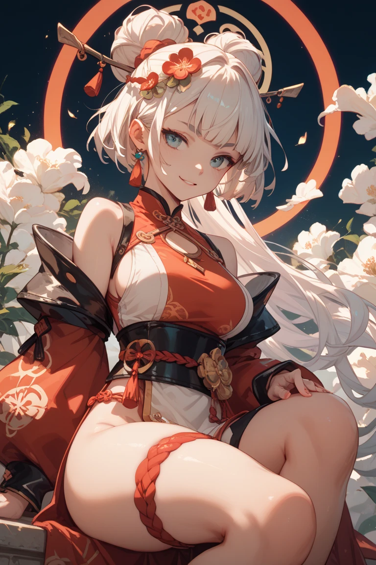 ((best quality)), ((masterpiece)), (detailed), Perfect face,Red and white kimono,The cuffs and lapels of the large sleeves are tied with this red silk scarf,Shrine maiden,Red long hair,Delicate brushstrokes,Soft and smooth long hair,Round forehead,Long eyelashes,Deep rose red eyes,Swan-like neck,Clear butterfly bone,Delicate and soft skin,Exquisite calves,Slender ankles,Slender figure,The downside is that there is a lack of agility between the eyebrows and eyes,belly button,Navel,exposed,beauty,Shoulders,Fair skin,Beautiful clavicle,White arms,beauty的玉足,Slender waist