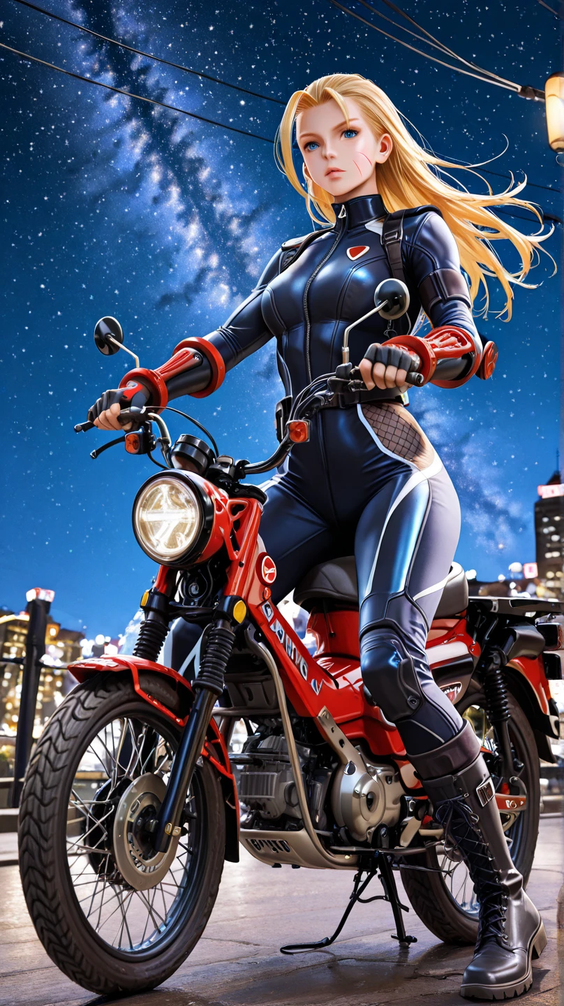 (masterpiece, best quality:1.2), akiraposter, from above, from behind, solo, 1girl, samus aran, walking, ponytail, hair tie, blue bodysuit, blue gloves, high heels, ground vehicle, motorcycle <lora:samus-nvwls-v1:1> <lora:concept_akiraposter-11:1>