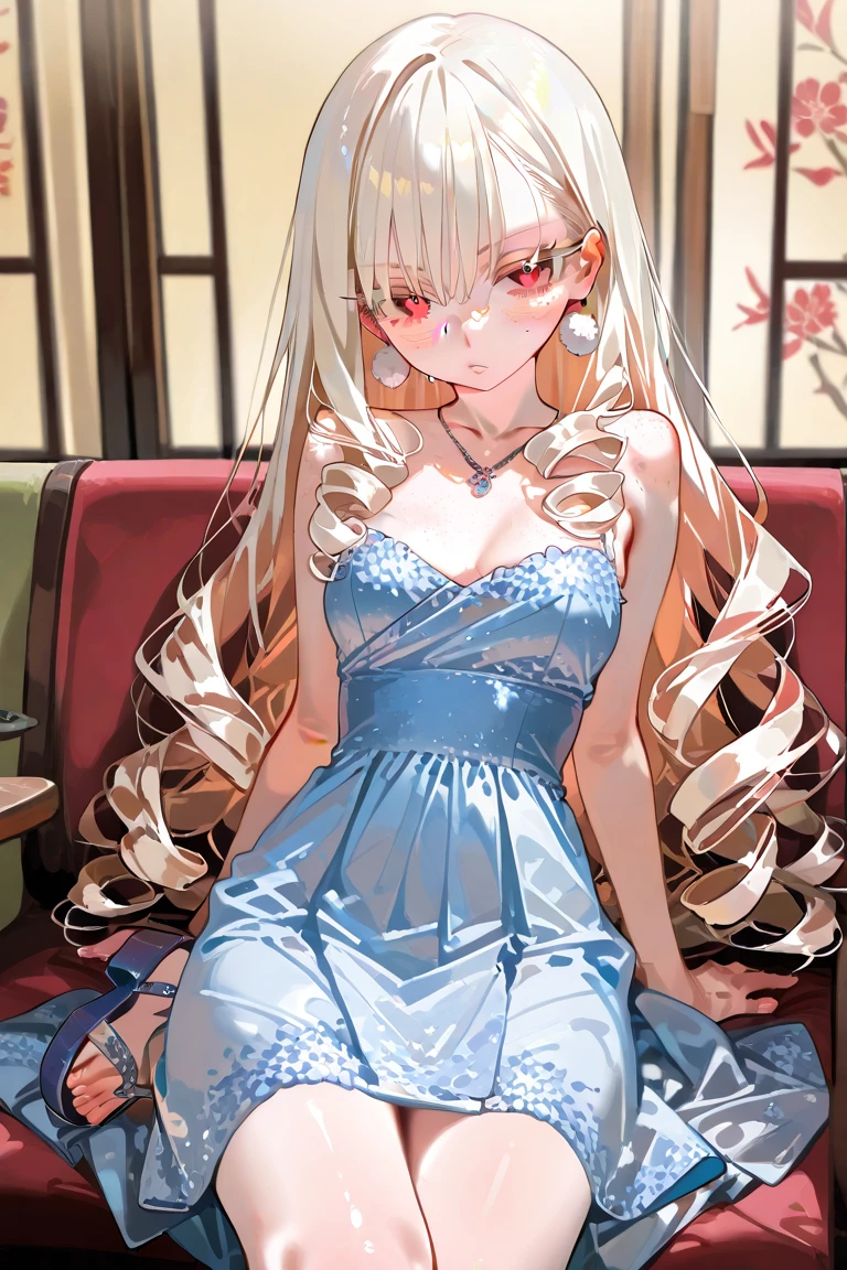 (((best quality))), ((ultra-detailed)), (illustration), ((an extremely delicate and beautiful)), (HDR), (Best quality), (Ultra detailed eyes), beautiful fingers, beautiful hands, fingertip, foot out of frame, looking at viewer, shoulder length hair, wavy hair, swept bangs, pale lime hair, red eyes, shiny eyes, drunk, single earring, blue long dress,black T-back, drinking glass,sitting on chair,Leaning Back,in the fine dining, night, detail_face