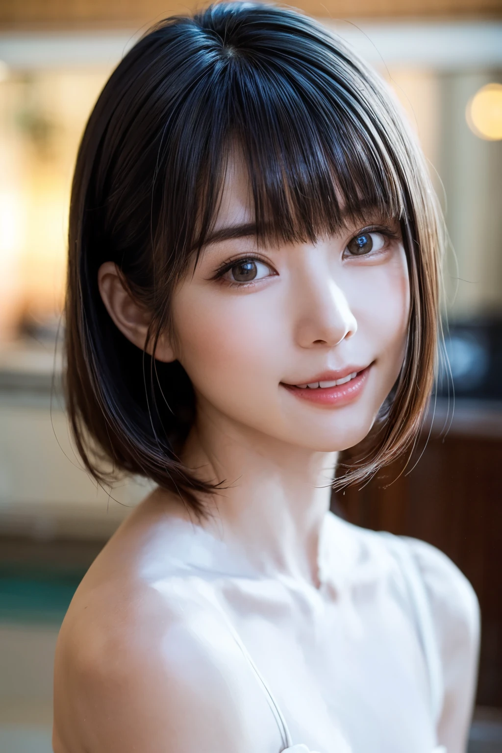 ((masterpiece, Highest quality, High resolution、Realisticですべてが美しく詳細に描かれている)), 1 person, (Realistic: 1.4), alone, White Background, snow-White Background, Mouth closed, smile, smile, Beautiful black hair, short hair, Big eyes, Transparent double eyelids, eyelash, Listen carefully, Long neck, 美しくLong neck, Absolute area, ((Face close-up)), (Draw the whole head, shoulder), 1, Attractive proportions, Glowing Skin, Beautiful clavicle, Golden ratio face, Perfect Face, Teardrop-shaped mole, chestのほくろ, bangs, clean bangs, beautiful bangs, Lip gloss, Thin lips, Fair skin, naked, Big Breasts, {Huge|big|Hugeな|Mega} chest:2, chestの谷間:2,chestの谷間を見せる、Small face, Small face, All the heads are painted, shoulder all drawn, Point slightly above the camera