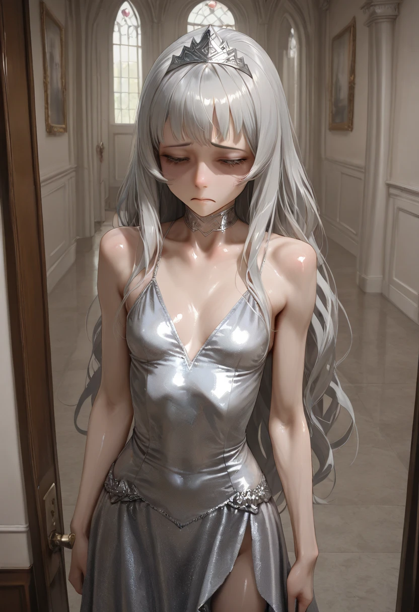 Best, Masterpiece, High Resolution, Best Quality, Ultra HD, Super Detail, Award-Limited, 16k, (Upper Body), Beautiful Girl, Gray Hair, Hair Strands, ((Heterochromia)), Hanging Eye Corners, Fair Skin, (Small), (Slim Body), ((Priestly Dress)), Stud Earrings, (Neck Rings), (Very, Very Short Gloves)