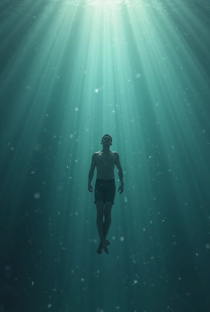 Man falling into the depths of the sea body looking up lying down (with one hand up)