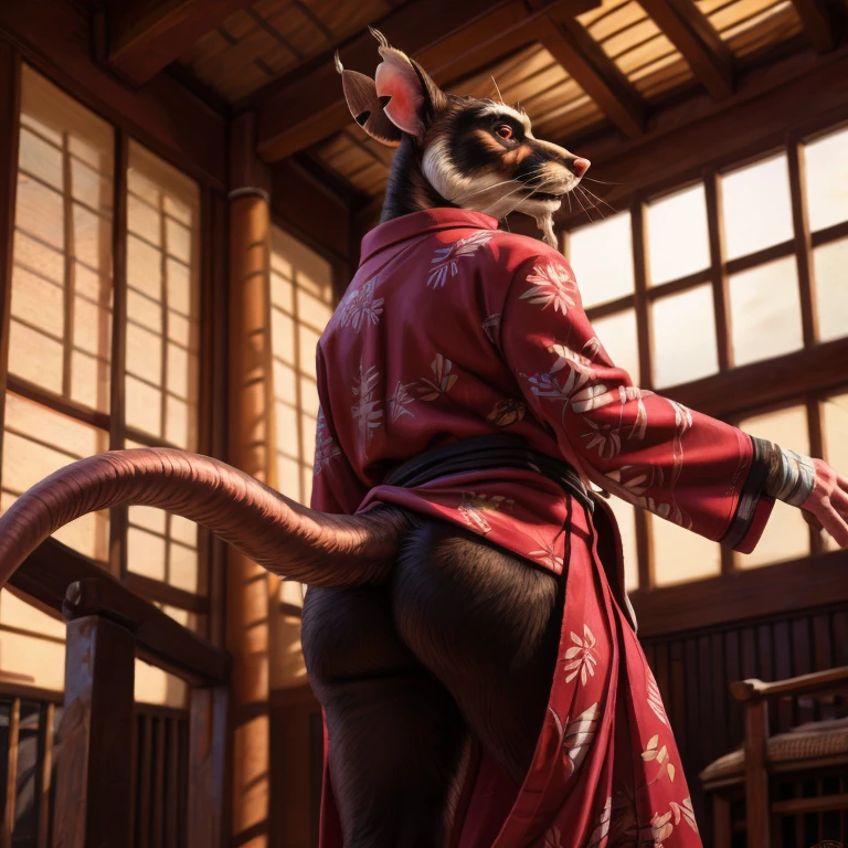low-angle view,
standing, dojo, japanese temple, inside, clothed, kimono, red kimono, rat tail, red eyes, goatee, brown body, white fur, black fur, bandages, safe,
(master splinter:1.2), rear view, solo, cum dripping from butt, topwear, no bottomwear,
BREAK,
by bruteandbrawn, by personalami, by kenket, (intricate, high detail, film photography, soft focus, RAW candid cinema,
photorealism, realistic, photorealistic, analog style, subsurface scattering,
masterpiece, best quality, ultra realistic, 8k)