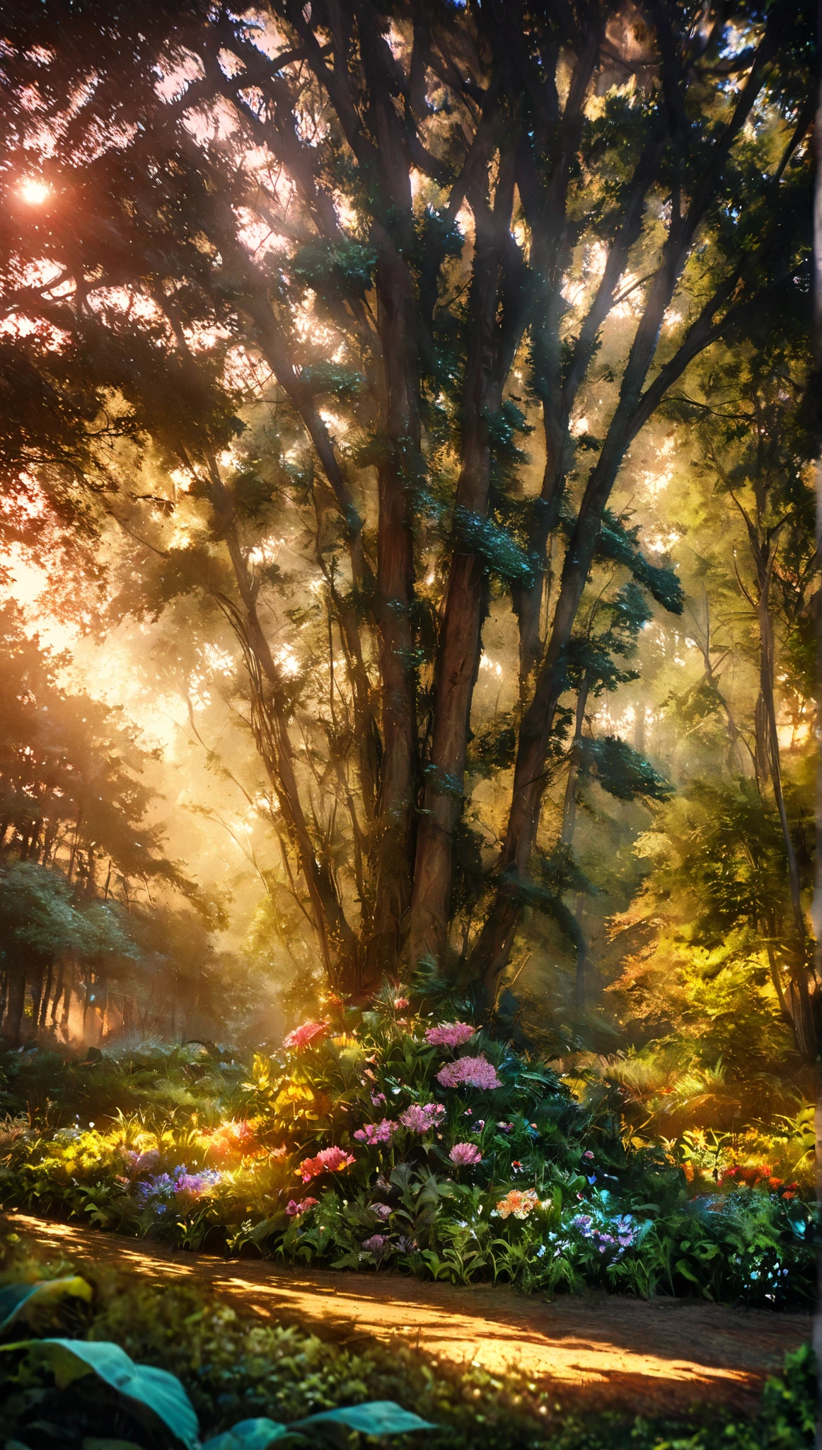 Beautiful forest at dawn,  idyllic, magic, Majestic, Spectacular Lighting, 8k, 1 girl, detailed face, detailed eyes, detailed lips, Long Lashes,  Beautiful Dress , gentle expression, Bushes green, colorful flowers々,  sun rays , photorealistic, dildos carrying, Warm colors, dramatic lighting, complicated details