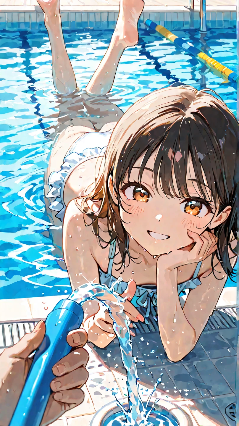 Best quality, detailed illustration, depth of field, blur, full shot, background is sun river trees, wind, water splash, wet skin, wet hair, wet clothes, kneeling, hands on head, focus on lips, 1 woman, extra short hair, sparkling eyes, glossy lips, perfect face, (front-tied halter bikini with detailed pattern),