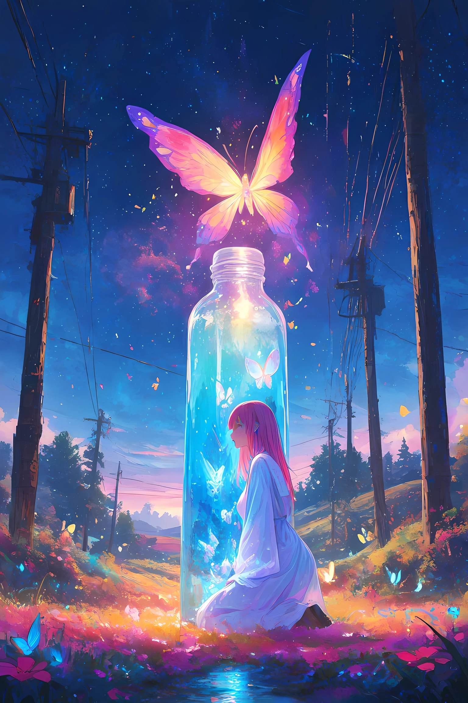 (masterpiece,best quality), Woman kneeling in the woods,wearing white cloack holding a bottle of clear crystal, colorfull digital fantasy art, Magical World ,colorful, magical power lines,beautiful butterfly, Shining with magic, fantasy digital painting,Magical Fairy Forest,8k,HDR,ultra-details