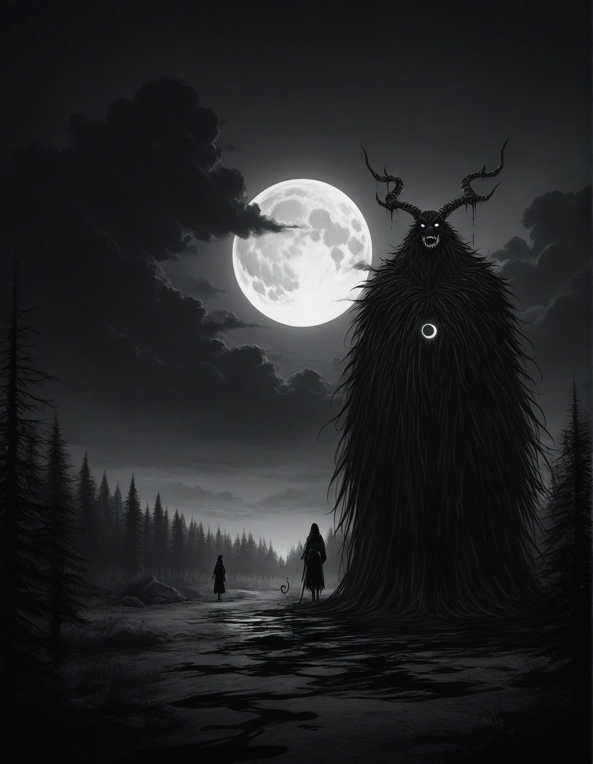 monster nervously, A monster with many eyes and horns, moonligh, meteor shower, (rear view:1.4)