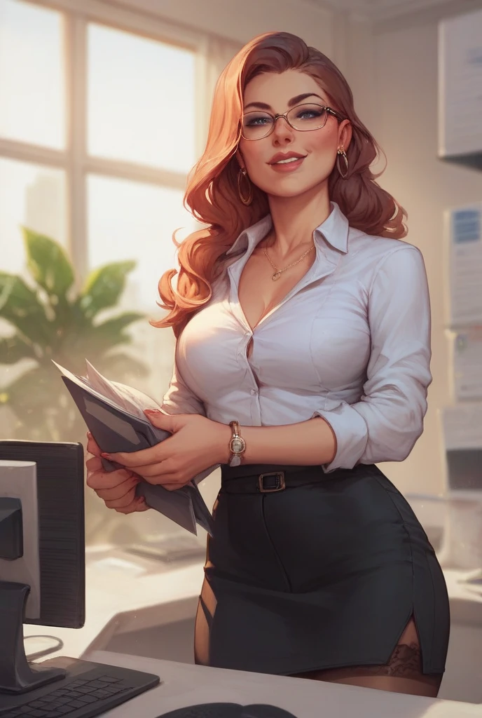 20 years old woman, Short brown hair, Mediterranean with blue eyes, Generous and heavy breasts, slender waist, estomac defini, fesses rebondies et pulpeuses, naturally curved, muscular thighs, aguicheuse, dans le bureau, in long skirt and blouse, regard sexy, lunettes, bites his lips, showing her ass, hair bun