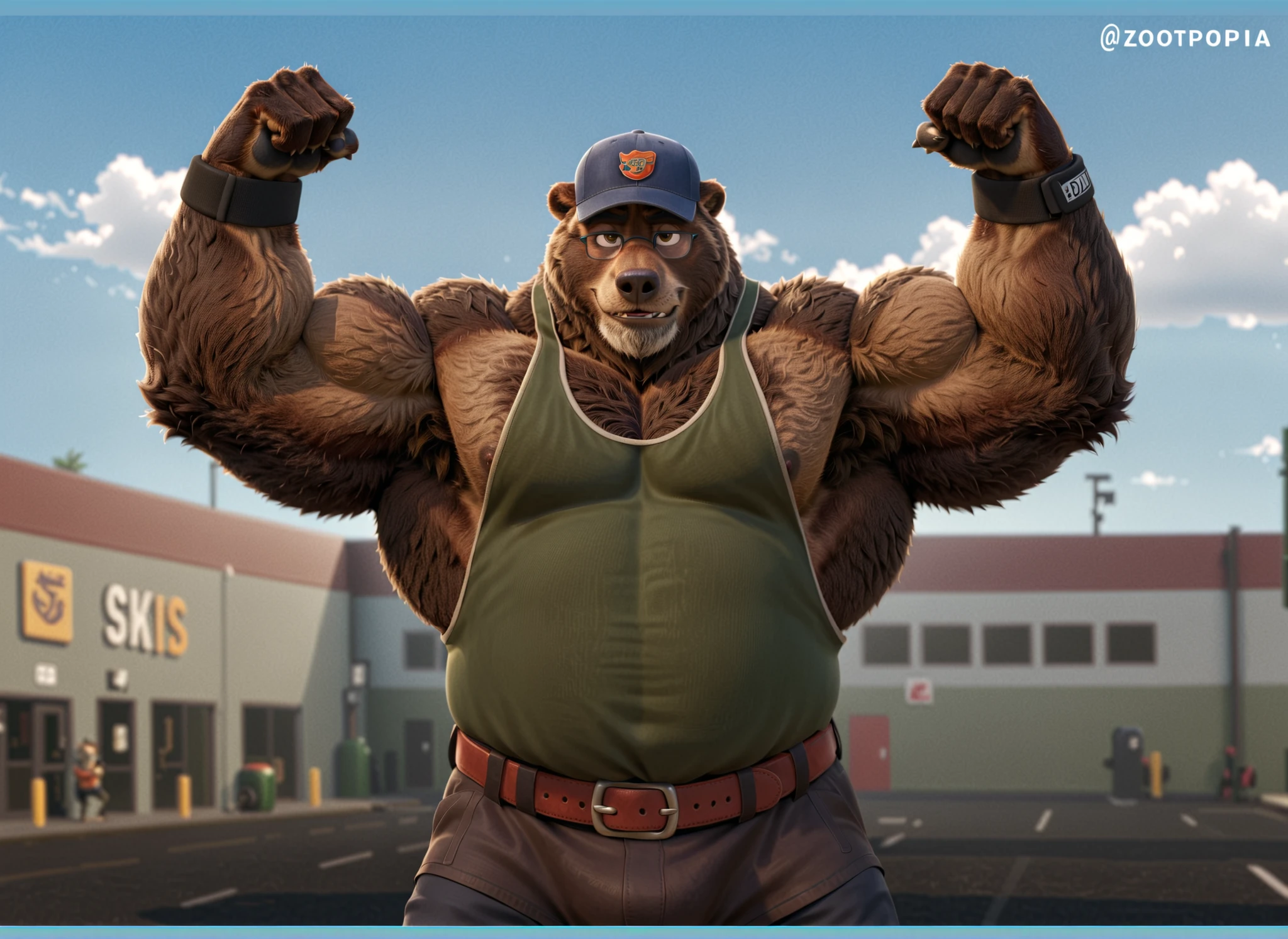 solo, 1boy, Huge Middle aged Muscular Old Grizzly Bear Daddy wearing glasses, hat, pectoral, huge pectoral, wide pectoral, short pants black wristbands gloves and tank top, waistbelt, bearded, Mustache, gym background, frontside, masterpiece, Zootopia, high detailed, 8k, high resolution, at the gym working out his chests, flexing his biceps
