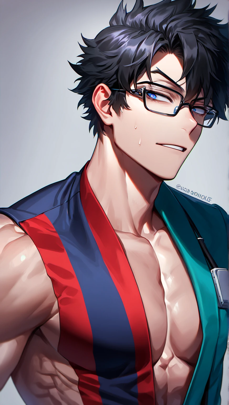 solo, upperbody,looking at viewer,very short black spiky hair, big forehead, sunglasses, beard:0.1, male eyes, male nose, male mouth, nihilistic laugh, men's swimwear pants