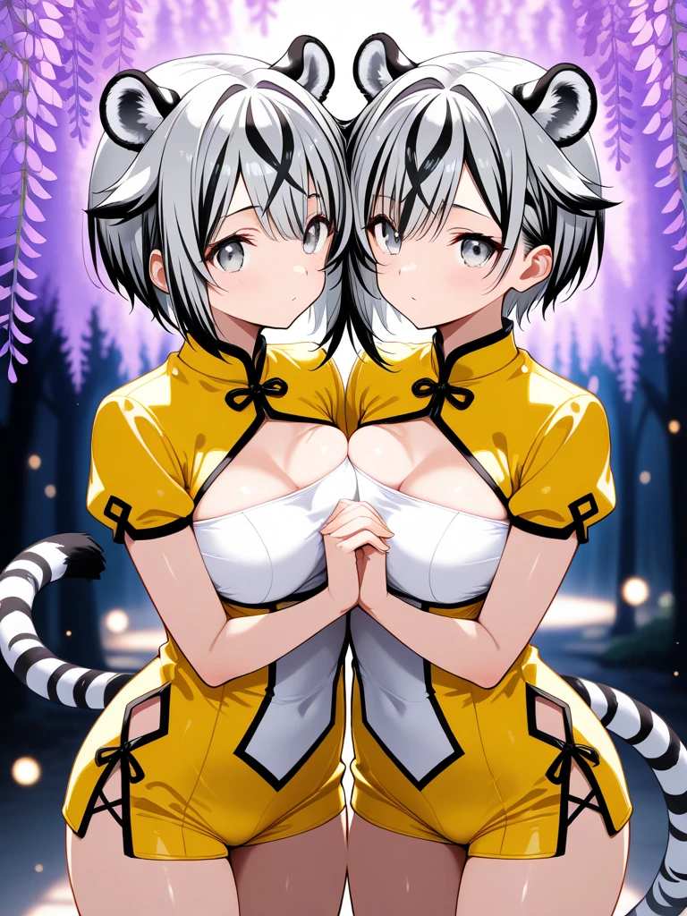 (cute eyes:1.3), (sparkling eyes:1.2), highest quality,wonderful,finely,extremely detailed CG Unity 8K wallpaper, (2 Girls), (white hair, pink eyes, short hair, straight hair, nekomimi, (clothed)), (skinny body:1.3),(huge breasts), ((Sleeveless volleyball uniform:1.2),(Bloomers:1.2)), golden pattern cheongsam), (cum on nipple:1.2), (cleavage out:1.6),(open mouth:1.1), (embarrassed:1.1), (Black knee socks:1.1),(Thighs:1.2),(Waistline:1.2), (from above:1.2)