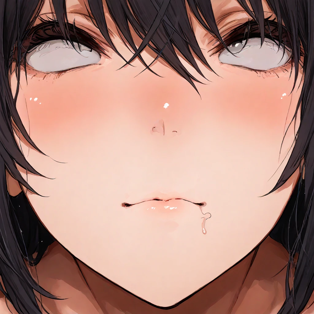 anime screencap, yuri, close-up, long hair, black hair, blue eyes, (pussy juice:1.5), (pussy juice in mouth:1.5,) (pussy juice on face:1.5), (black lipstick:1.5), smile, heart-shaped pupils, (pussy juice in nose:1.5)
