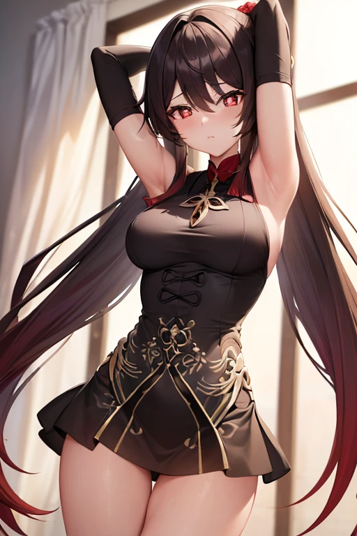 1girl, forest, brown_hair, amber_eyes, blush, breasts, closed_mouth, flower, hair_flower, hair_ornament, dressed, smile, solo, long hair, Realistic painting style, looking at viewer, solo, smile, shiny hair, full body, detailed, red eyes, ((small breasts)), (((ultra detailed))), masterpiece, realistic style, tall, smug, highly detailed, ((extremely detailed CG)),legs, horny face, tight black shorts, <lora:hutao1-000009:1>, small thighs, jacket