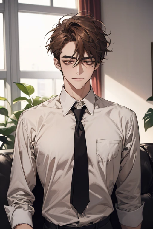 (1 Adult male),A high resolution, Sharp focus, Pixiv masterpiece, ((Complicated details)), highly detailed, natsuki_subaru, 1 man, with her mouth open,drools,full bodyesbian,sit astride,Crotch view, Golden eyes(eyes glowing), with short golden hair,white shirt,Wear a tie,Wear a belt,perspire,look from down
