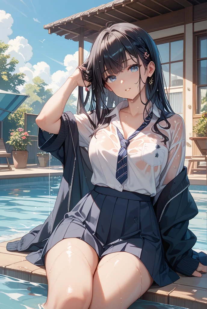 ((Lift up pleated skirt)),(Pink nipples),(Large Breasts),black tights,White pleated skirt,Large sweater,Waistline,Looking up,My crotch is so wet,blush one's cheeks,Beautiful woman with pink hair,