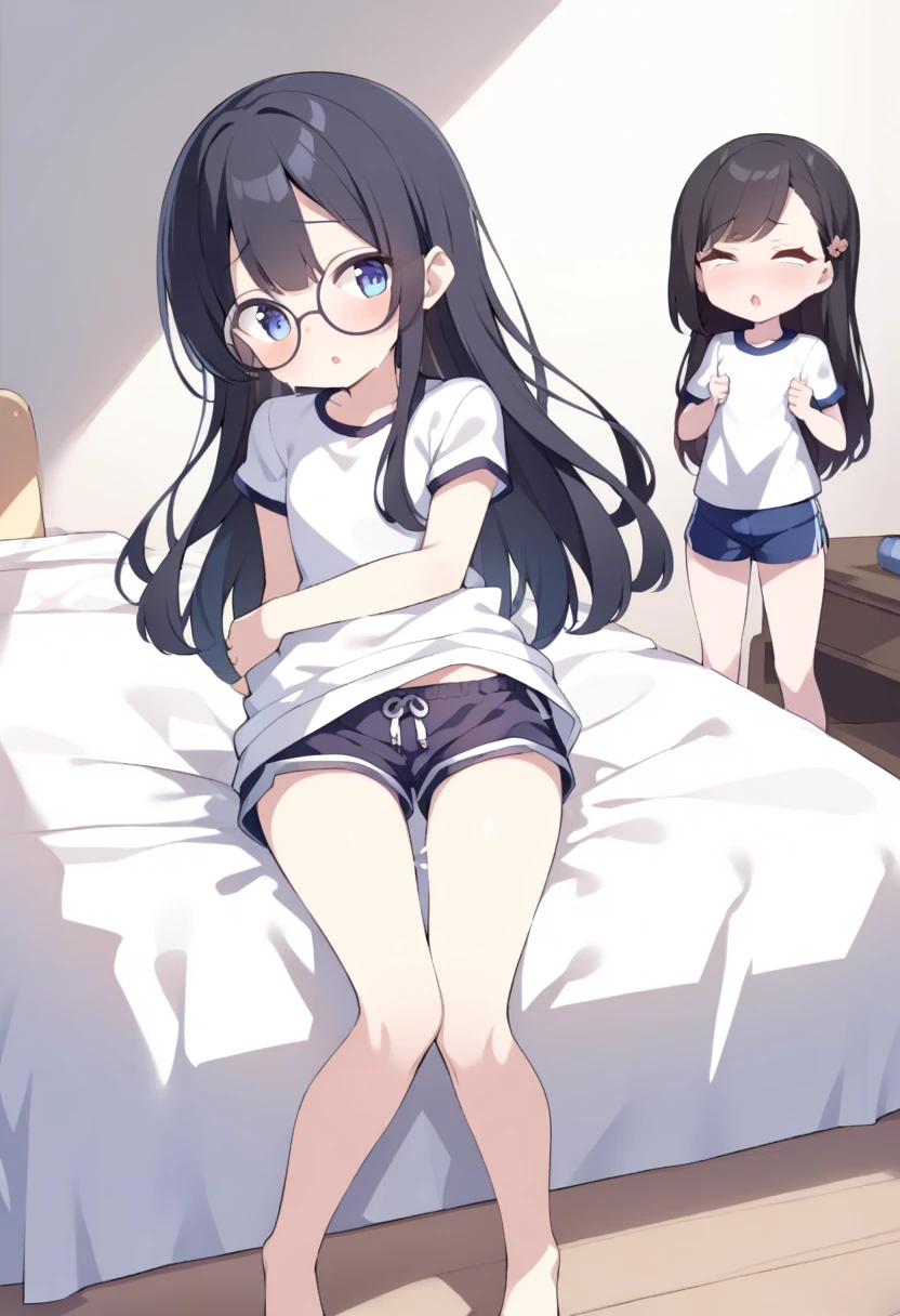 (bust:1.5),책 더미 위에 앉아 있는 big bust을 가진 애니메이션 캐릭터, Tsk tsk, , She has a jiggly, fat, round belly, brother, Ahegao, Kantai Collection Style, Fat Chan, thick black lineart, Shikamimi, cel shaded animation, brother proportions, big tummy, umamusume,(big bust:1.5), (Black eyes with a slight purple tint:1.5), (Very white and long hair with a bluish tint, weak perm:1.5), (white sleeves wrapped around arms, oversized white shirt, oversized white shirt:1.5), (bare foot, round-rimmed glasses:1.5), (Belly Fat, muffin top, plump:1.1), (smiling faintly:1.5),(human ear,thin legs:1.5),
