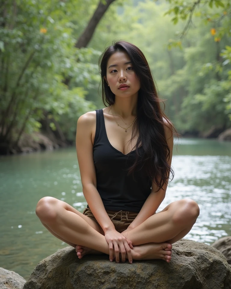 a Japanese girl, straight black hair, naked, zazen, meditation, on lotus pond, left and right symmetry
