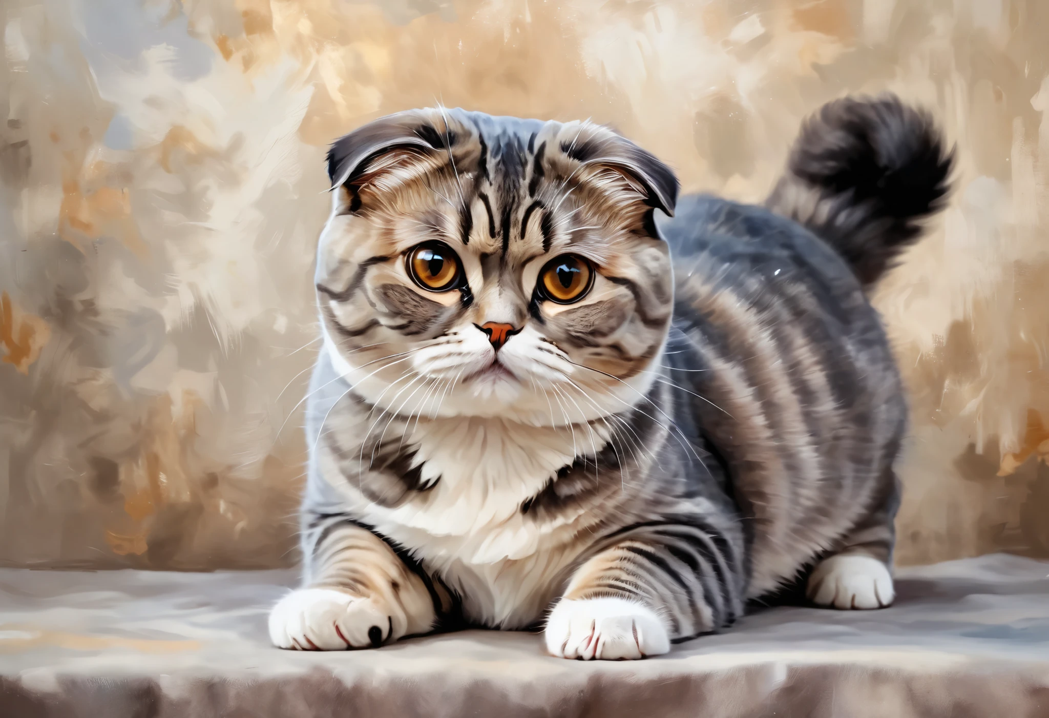 A cute Scottish Fold cat stretching its front paws forward, big round eyes, folded ears, soft fluffy fur, painted in the style of an oil painting, rich textures, warm and cozy colors, soft natural lighting, charming and heartwarming atmosphere, highly detailed, expressive artistic brush strokes
