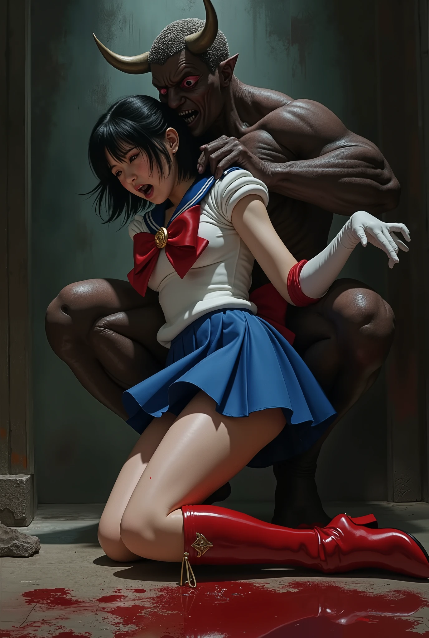 Hyperrealism, masterpiece, highest quality, A young Japanese woman is bending down and hugging from behind by a devil, ((she is crying and screaming in pain)), a bit of blood on her inner thighs, tears from her eyes, painful face, she is wearing a Sailor Moon costume, Blue sailor collar, Blue short mini pleated skirt, she is wearing a very short blue mini pleated skirt, (upskirt:1.8), Long white gloves, shiny beige color pantyhose, Exposed thighs, red long boots, big choker, long blonde Hair, a devil is standing sexual assault her from behind, the devil is hugging her tightly and push his private part into her skirt, her clothes are torn off, in the dungeon,