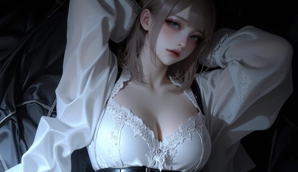 (masterpiece: 1.3), (Maximum resolution: 1.2), (Ultra HD TV: 1.2), Cinematic Light, 8K resolution, Detailed facial features , (Sharp focus: 1.2), (Focus on the face:1.2),Perfect Style, Beautiful Face, Acura, Anatomically correct, Highly detailed face and skin texture, Beautiful Eyes,Beautiful Eyes, Thin eyebrows, Natural Cheeks, Glowing Skin, Fair skin: 1.2, (Glossy Lips: 1.4),、 (Embarrassed look: 1.2),Highly detailed face and skin texture, Natural Cheeks, , Glossy Lips: 1.4,Perfect Style、Cleavage、Soft Breasts、(Semen on chest:1.4)(Sperm on thighs 1.2)、Sweat、Wet clothes、blush、A humiliating look、Anxious expression、Frightened expression、Embarrassed look、anger、sorrow、tears、Open your knees、Spread your legs、 White underwear、necklace、Disheveled clothes、White panties、発Sweat、Thin underwear、stockings、18-year-old、, A clean-cut woman,1 person、 Upward-facing chest, Bedroom with oriental decor、(behind、Lying in bed、Sleep on your back、White sheets:1.3)blonde、Chestnut Hair、Silver Hair、Greenish-gray eyes,(Dark colored Chinese dress:1.3)、Bun Hair、Torn clothing、