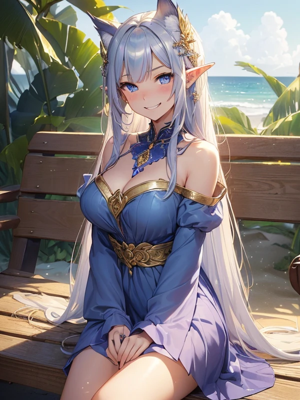 Highest quality、Highest quality、masterpiece、(8K resolution),beauty(Age 25)、(Mature Appearance)、Light blue long hair(Braiding of sides)、blue eyes、(Detailed embroidered underwear)、(Elf)、Big cleavage、((Big Breasts))、smile、blue necklace、Blue Earrings、background(Beach)、Please open your mouth wide、bracelet、Dynamic pose、Blue choker、black tights