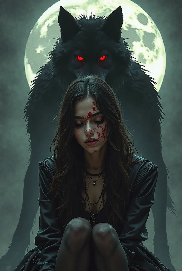 1 female werewolf, looking at the viewer, showing her vampire teeth, open mouth ready to bite, night with red moon in the background, fantasy, (realistic face), half body,