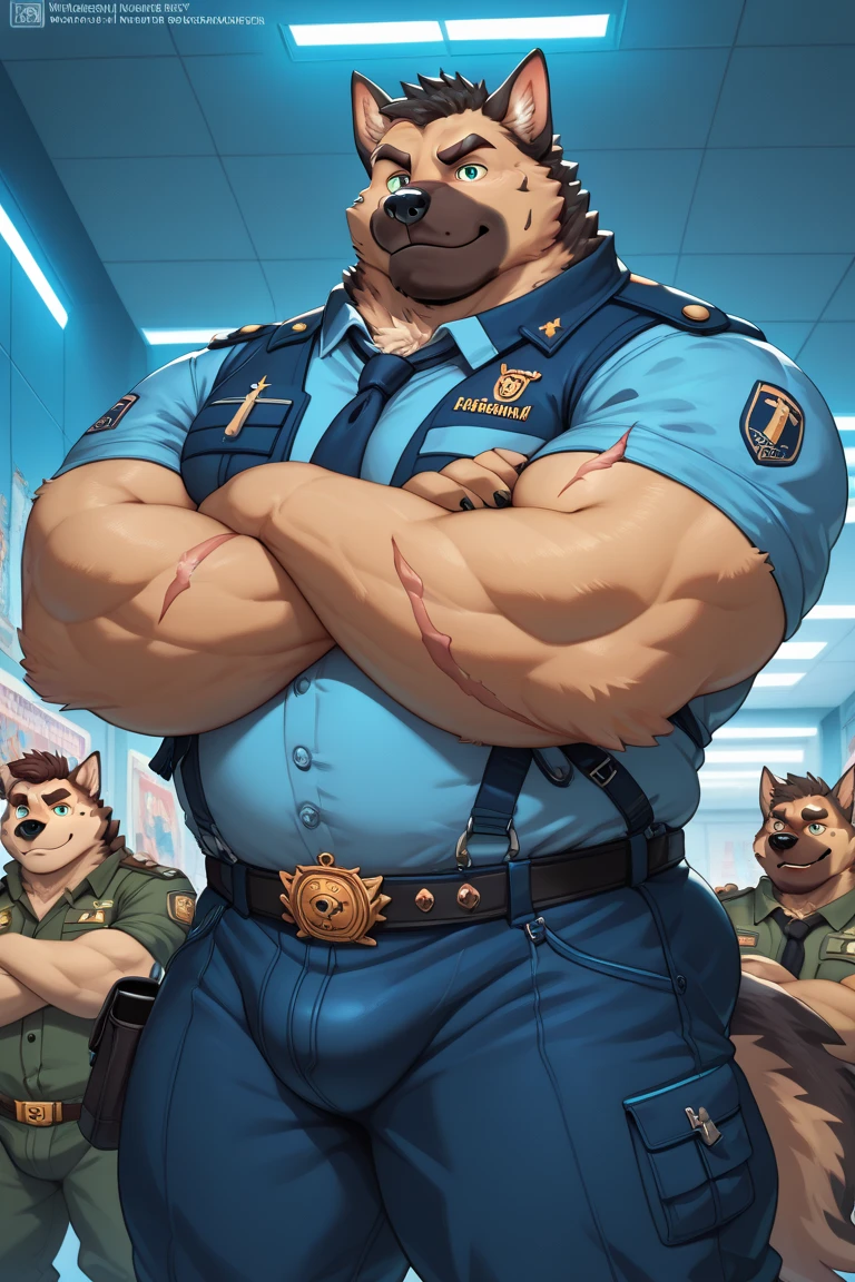 Anthropomorphic male german shepherd (black hairs,scar across the eye,black and cyan eyes pupil,handsome,middle-age,attractive,sheriff's uniform)chubby,fat,muscular arms, muscular legs,big,huge,burly,massive,strong,tall,towering,cool,cross-arms,serious expression,background:sheriff department,masterpiece,best quality,best performance,HD