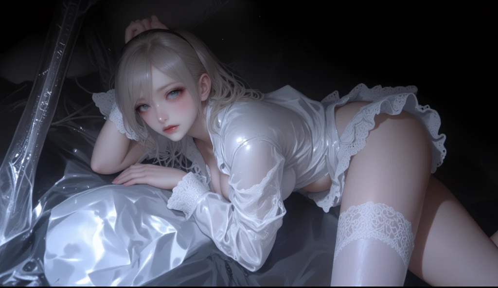 1 girl , Asian , Short silver hair , White skin , pyjamas , Blue eyes , Masterpiece, Cute, clear clothing,female bed , Thin , Legs are spread apart , Charming, Glossy lips, boobgasm , Bedroom,