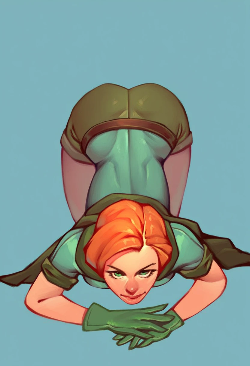 jackopose, top-down bottom-up, 1girl, green eyes, long hair, orange hair, kim possible, olive green jeans, black top, black gloves, black boots, masterpiece, in rooftop, blue sky , sun light,