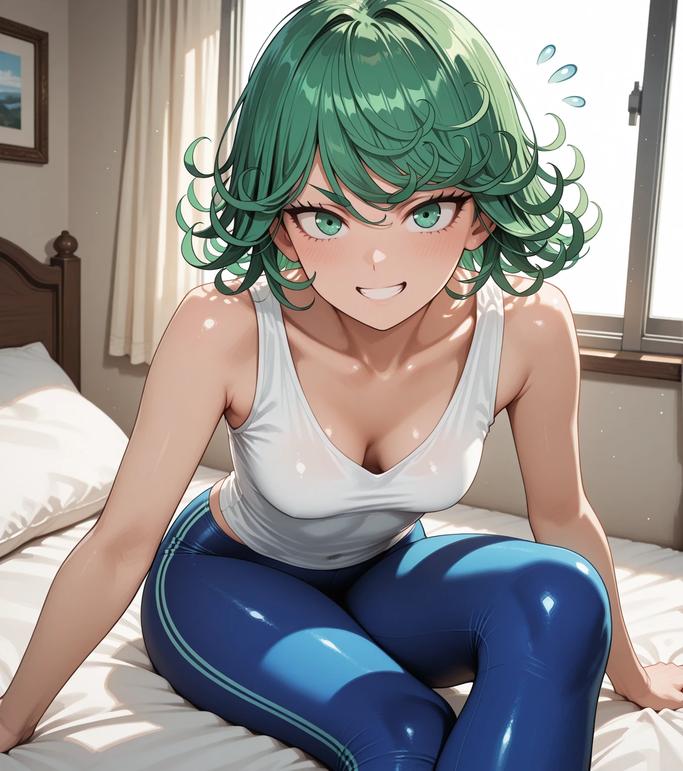 ((Masterpiece)), ((better quality)), (detailed), perfect, Alone , Tatsumaki girl , green hair ,A girl with short curly hair, lying on a bed in a relaxed pose, wears a sleeveless white t-shirt and bright blue leggings. Her expression is concentrated and playful, while looking at the viewer over her shoulder.  Her skin is soft and shiny , with drops of water that bring a fresh and vibrant touch. The interior shows sunlight streaming through a window, creating a warm and welcoming atmosphere with soft shadows. Bright light highlights your features and creates a vibrant and dynamic scene. perspective from behind