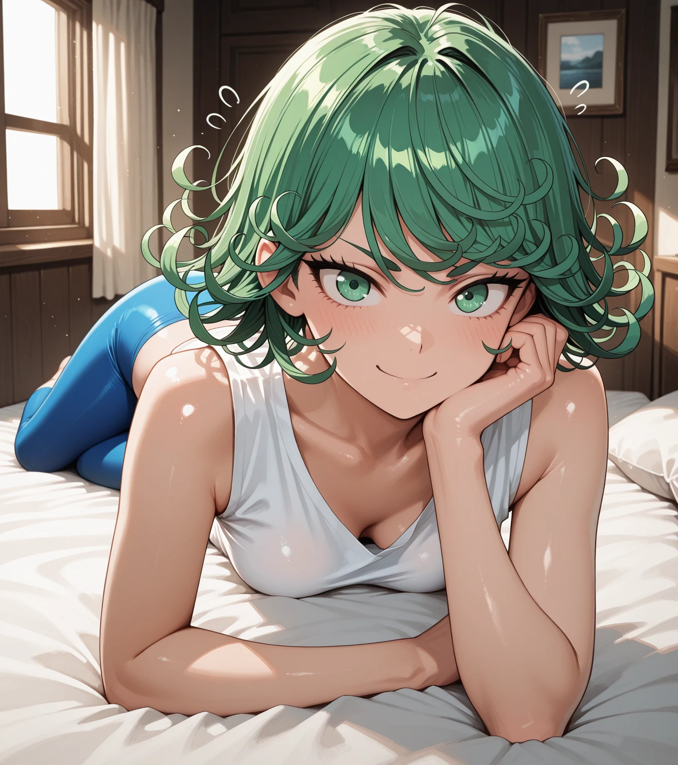 green curly hair, wearing a white sports bra and dark blue leggings, lying on bed, relaxed pose, looking over shoulder at the camera, surprised expression, fair skin, indoor setting, sunlight streaming through window, warm light, soft shadows, casual atmosphere, close-up angle, focused on subject, smooth skin, no visible accessories