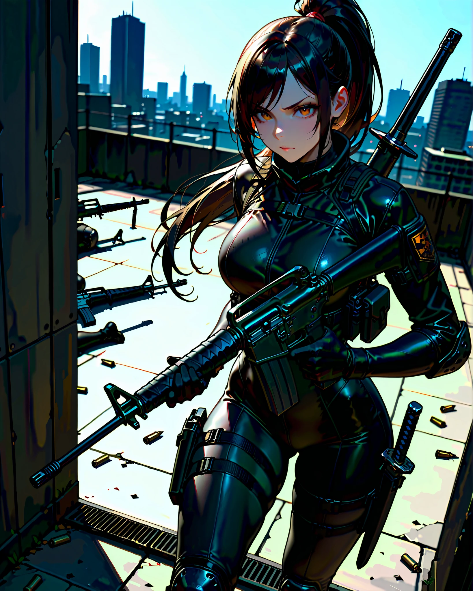 masterpiece, highest quality, 8k, solo, solo focus, highly detailed, (perfect face:1.1), (high detail:1.1), 1female, ninja, mercenary, (holstered sword:1.2, katana:1.2) jet black hair, long hair, side-swept bangs, ponytail hair, amber eyes, beautiful detailed eyes, double eyelids, v-shaped eyebrows, determined expression, black bodysuit, black combat boots, black tactical gloves, tactical gear, knee pads, (holding m16, m16a2 rifle, shell casings), rooftop, glass building, depth of field, dutch angle, perspective, cowboy shot, action illustration.