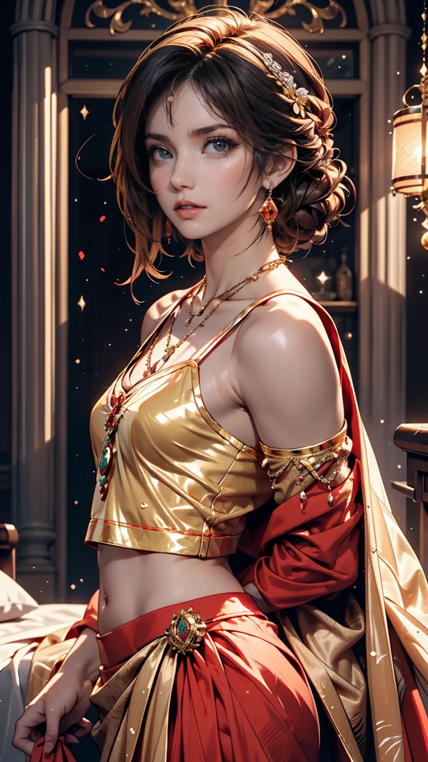 ((masterpiece,Highest quality)), 4K, High resolution, One girl, alone, smile, Brown dress((slit deep)), Exposed thighs、(Perfumer's Outfit 2:1.2), 、Stiletto heels、Curly Hair((curly hair))、Red inner color((colored inner hair))、Crystal Earrings((crystal earrings))