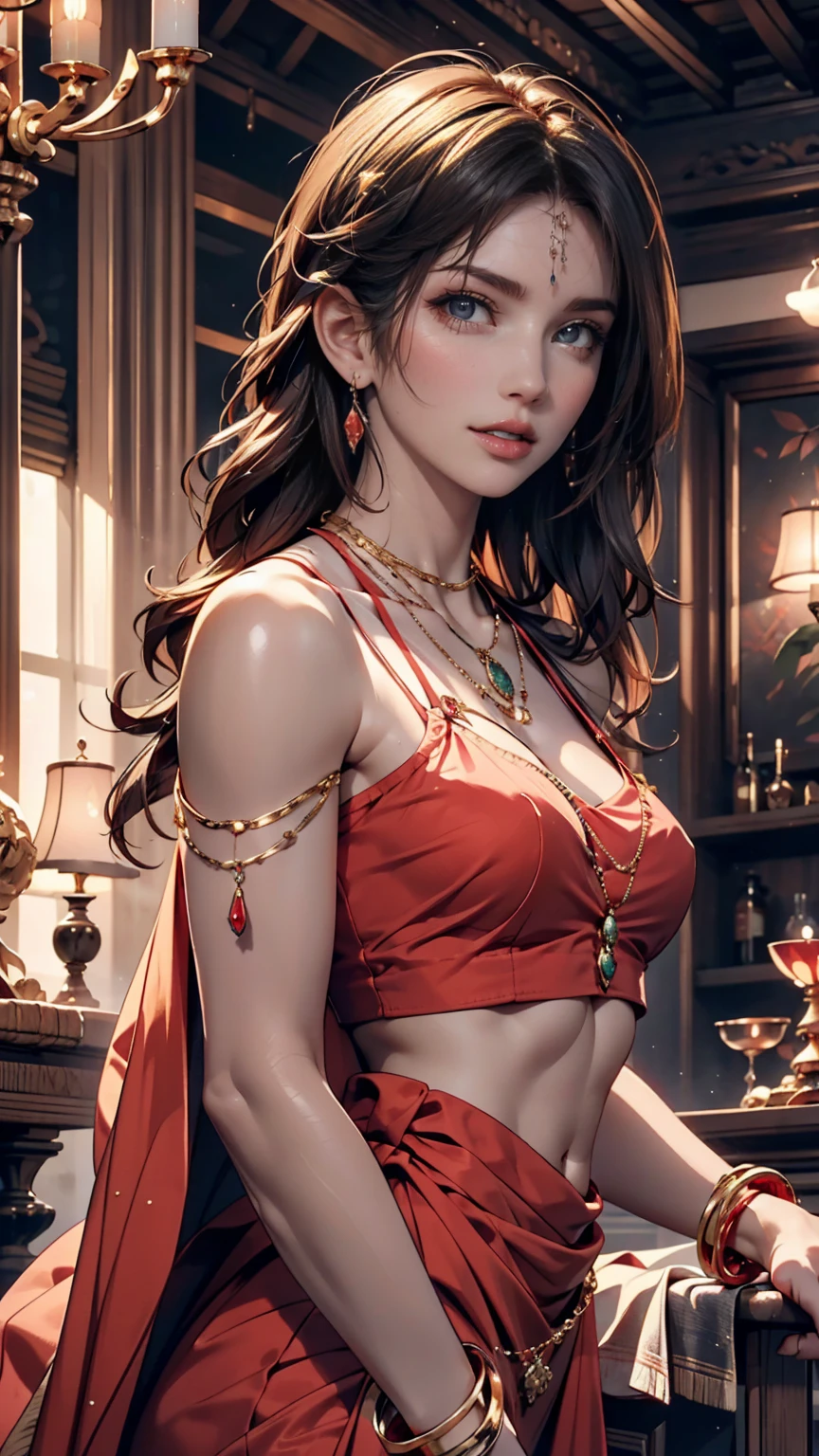 Female nude portrait painted in classical art style。A soft light illuminates the skin、The background features vintage-style curtains and flowers.。