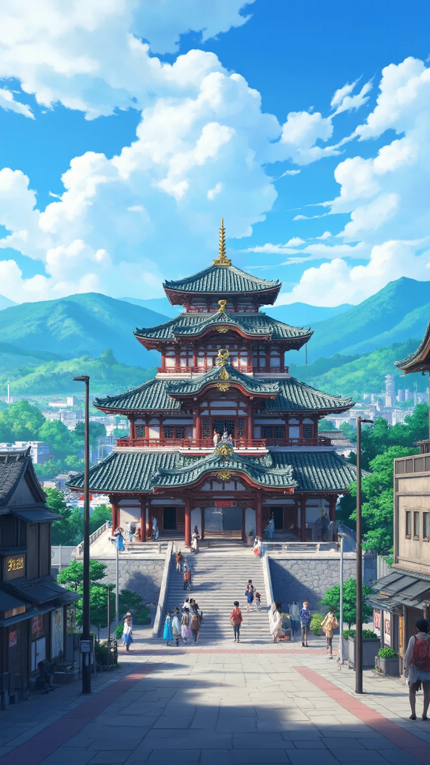 (Japanese temple)architecture、Photo of Honganji before Osaka Castle was built、picturesque background、Digital image 、A temple more than an ancient castle shining against a high-resolution background、非常に詳細なDigital image 、high-resolution digital paint、Downtown where the temple is located。