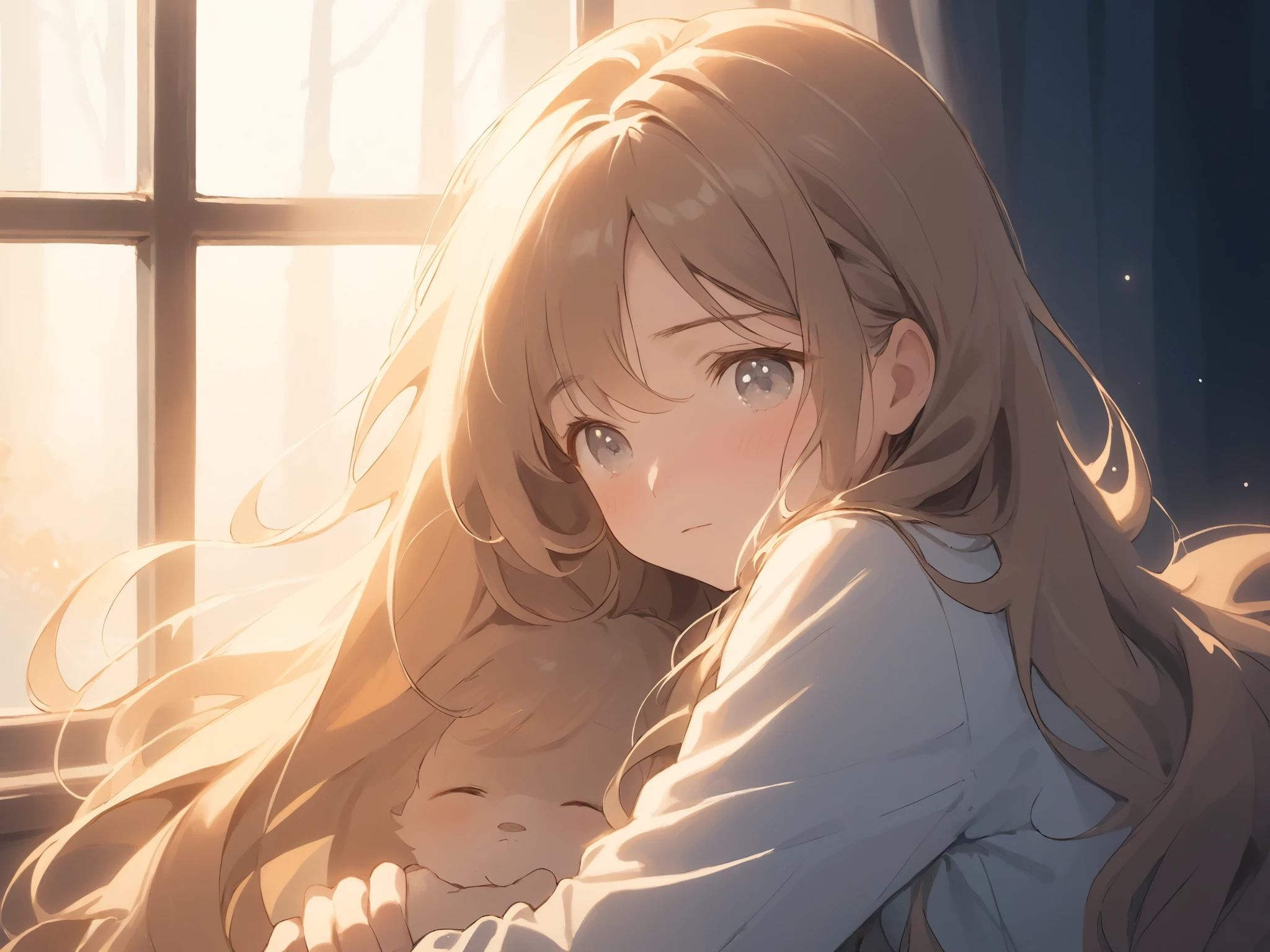 A soft and intimate illustration of a young, genius girl with long, flowing hair, curled up gently in the arms of someone she trusts deeply. Her expression is serene yet emotionally vulnerable, with a faint blush on her cheeks and slightly teary eyes. She clutches their sleeve with small fingers, as if afraid to let go. The lighting is warm and tender, with soft rays filtering through a window, emphasizing the safety and affection in the moment. Despite being mature beyond her years, she looks like a  seeking warmth and acceptance—just for this quiet moment.