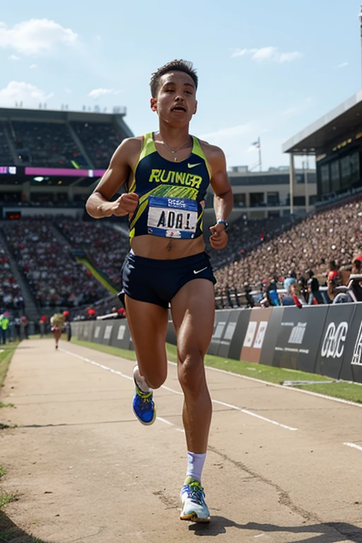 young woman, crossing finish line, modern era, running gear, marathon event, celebrating victory, cheering crowd in the background, wide shot, triumphant style