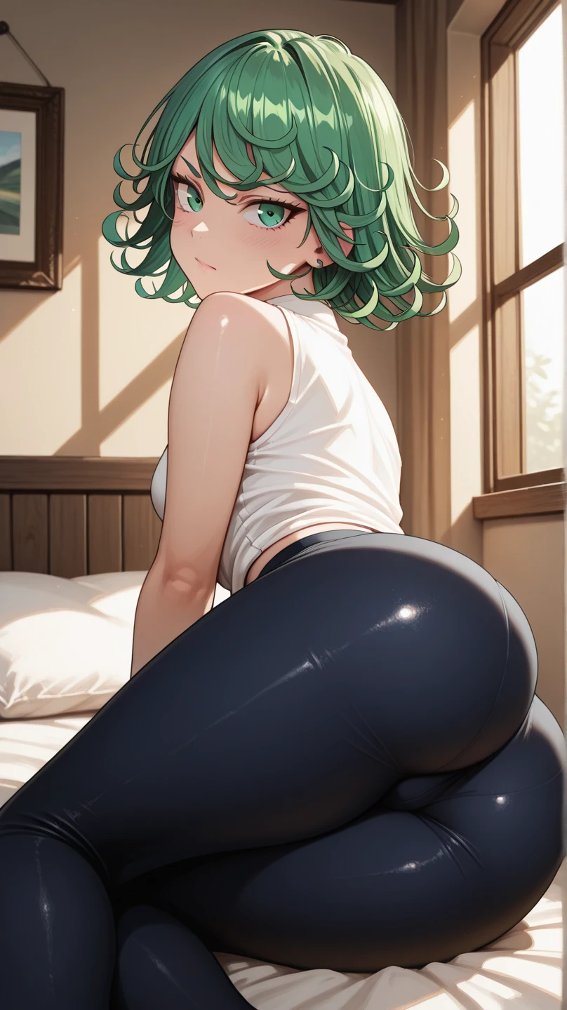 1girl, female,solo,backview, Perfect butt, l waist,green hair,medium hair,long bangs, water green eyes, shy expression,(chocker), Crop top, short sports shorts, pantie thr the height of the abdomen, from the back in your room, interesting perspective, golden proportion, aurea proportion Blushed,flat tummy, sweat, and sweat, pet collar