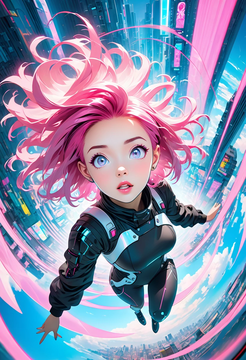 cyberpunk, Pink Hair, futuristic, surrealistic, ultra wide angle, wide-angle lens from the top, look up, Dynamic Movement, is expressive,  energetic , , Laser hologram