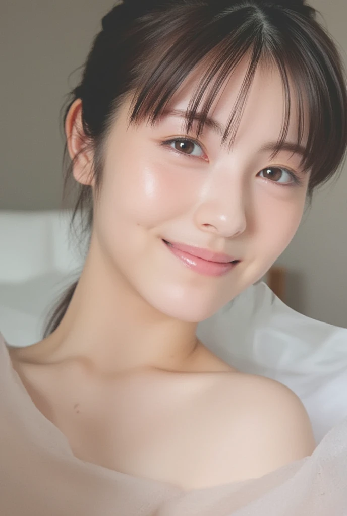 develop an image of a Korean woman in ultra realistic high quality, that is not created by AI but is very realistic, This woman is in her 20s, and has a shy but charming smile