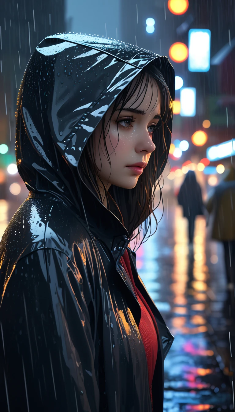 A Hooded Girl Alone in the Rain,illustration,Heavy rain,Lonely,best quality,ultra-fine,realistic,portrait, dark tone ,Foggy Atmosphere, slippery street ,Hooded Raincoat, melancholy expression,Invisible Umbrella,Lights flickering,Urban Environment,high resolution,bright colors,Bokeh, night view,New York Cityscape.