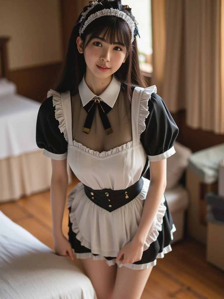 ((highest quality: 1.4)), (an unparalleled masterpiece), (ultra high resolution), (Ultra-realistic 8k CG), (cowboy shot), (Super detailed), ((classic maid outfit)), (Jean=Art by Baptiste Monge), highly detailed maid clothes, half_apron, Amazingly realistic and beautiful faces, 30 years old、Highly detailed beautiful hair, Highly detailed hairstyle, cinematic, She is looking down with a small smile and a blush on her face., She lifts her skirt up until her belly button is visible:1.2、Showing her tiny black fishnet lace panties、Very large protruding breasts、cleavage、very slim figure、(open your thin legs)、In the kitchen of an old mansion, candle light, Use backlight effects to add depth to an image, anisotropic filtering, written boundary depth, Maximum clarity and sharpness, 8 life size, thick body:0.8, (perfect anatomy), Symmetrical and balanced, beautiful gradation, sharp focus, golden ratio, Center Image, beautiful composition