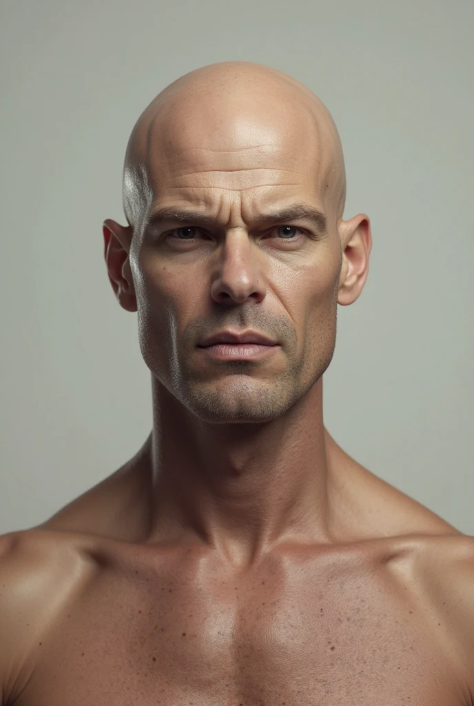 (masterpiece, intricately detailed, highest resolution, best quality:1.2),a cocky male model,a 50 y.o muscle daddy with a muscular physique sitting on a chair completely naked with blue eyes,shaved head,mutton- chops,flaccid penis,saggy balls,hairy chest,vascular,muscle striations,soft light,fantastic realism,