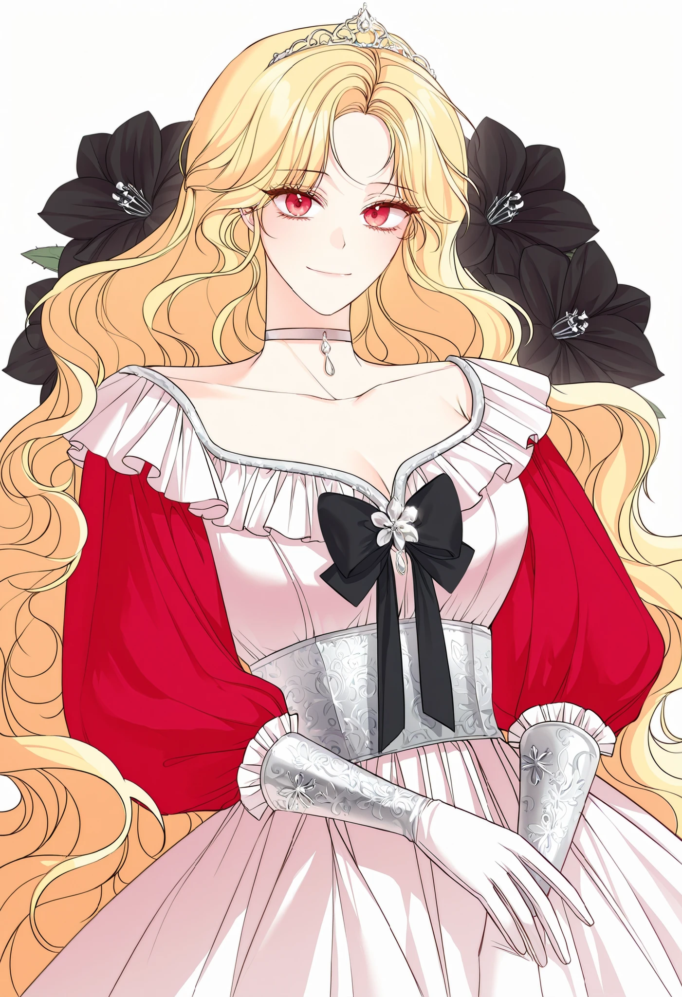 ((mgirly)),masterpiece, newest, floral background, romance manhwa, 1girl, blonde hair, solo, long hair, flower, dress, tiara, white dress, gloves, long sleeves, choker, red eyes, white gloves, black bow, black flower, wavy hair, bow, jewelry, looking at viewer, white background, collarbone, puffy sleeves, silver accessories, upper body, parted bangs, very long hair, red dress, frills, bangs, closed mouth, smile, cowboy shot, dynamic pose, dynamic angle, dynamic cut