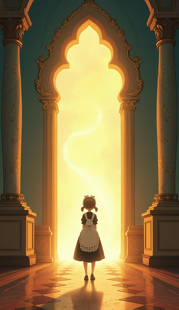 Masterpiece, best quality, high resolution, 4K, 8K, A picture book about the adventures of a maid who becomes dwarfed by a magical light,