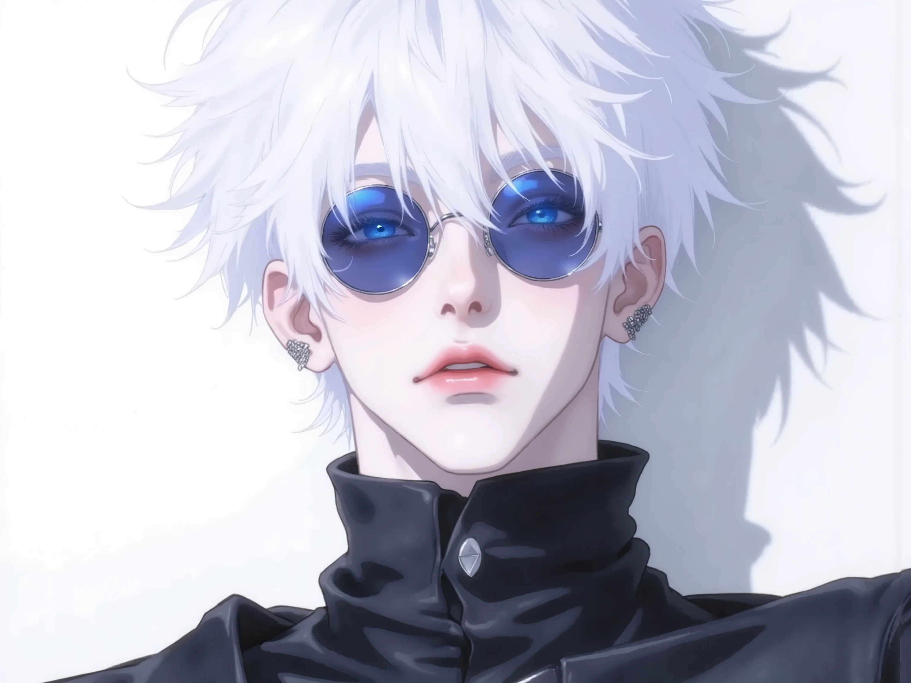 ((점수_9,점수_8_위로)), GOJO SATURO, Portrait of Gojo Satoru from "Jujutsu Kaisen", upper body only, facing forward with a calm and confident expression. White hair, blue sunglasses, wearing a high-collared black uniform. anime style, detailed lighting, soft shadows, clean background.