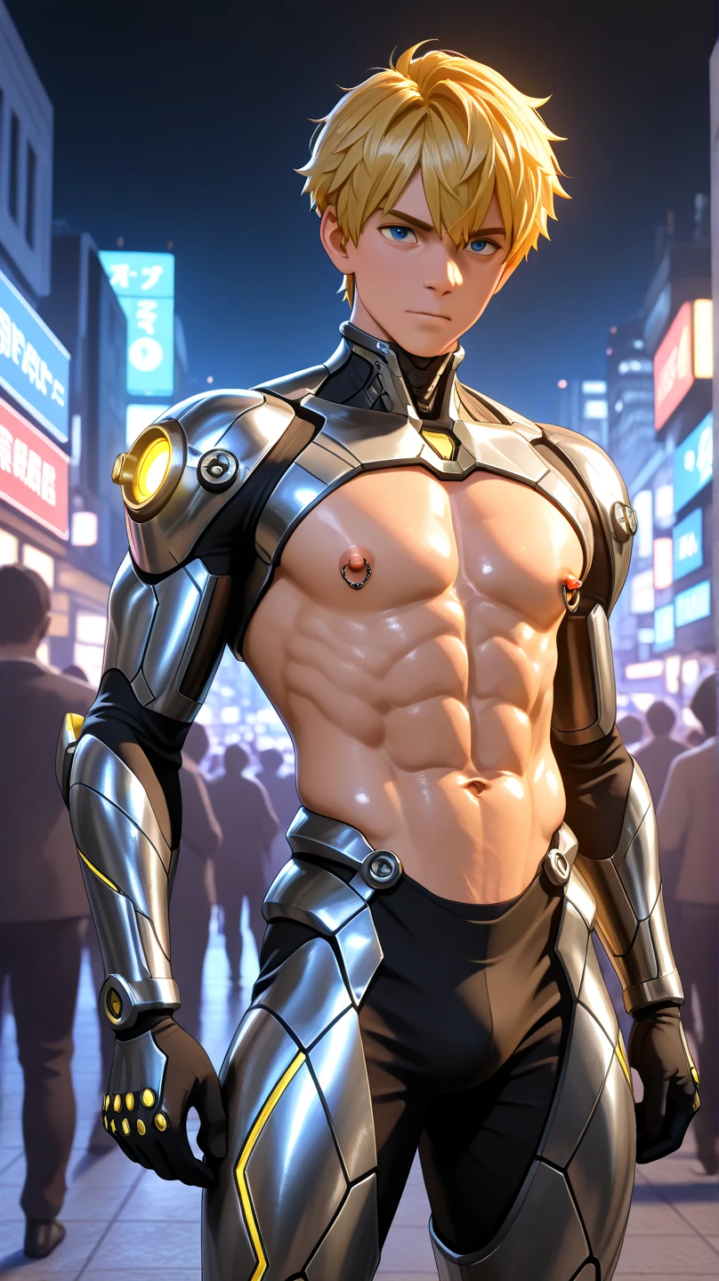 furry, anthro, (robot_skin:1.2), white robot skin with patterns, white artic fox, dark blue hair, male, slim, muscular, athletic, detailed muscle, detailed abs, (big bulge), detailed nipple, (detailed eyes, extremely detailed eyes, glowing blue eyes) BREAK (cute face, young face, teen face, anthro face, furry face, artic fox face) BREAK dynamic pose, dynamic position, dynamic expression BREAK detailed background, futuristic laboratory background, BREAK detailed, very detailed, higly detailed, ultradetailed, realistic, photorealistic, photorealism, hyperrealistic, ultra realistic, 8k, beautiful, breathtaking, amazing, stunning, awe-inspiring, love, delightful, masterpiece, brilliant, talented, gorgeous, impressive, incredible, extraordinary, excellent, perfect, high definition,