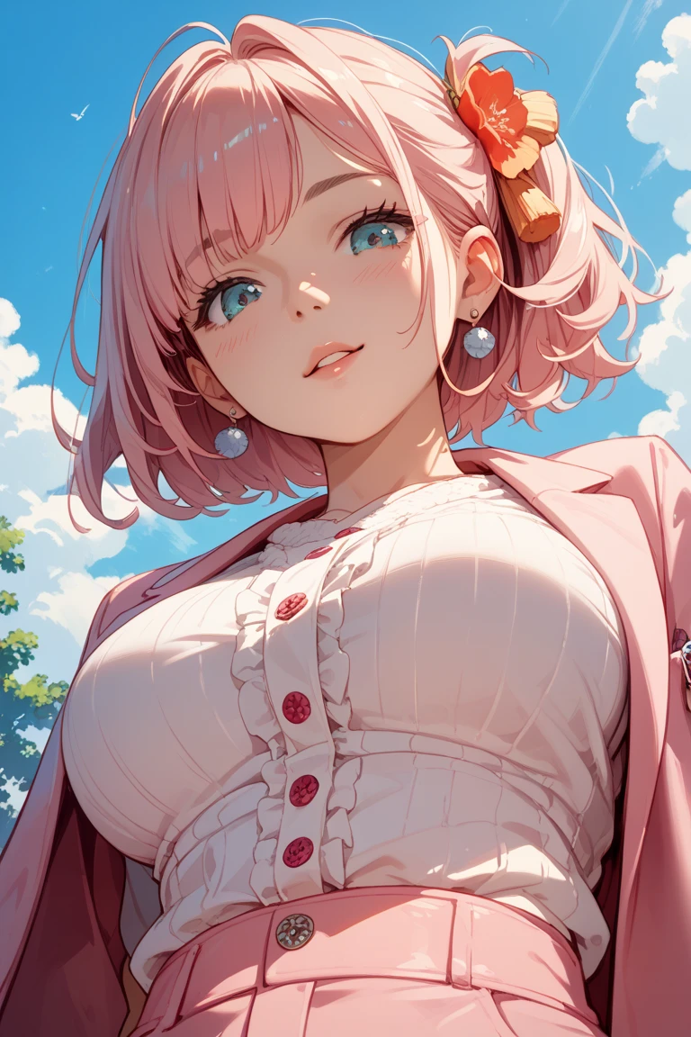 amazing quality, newest, absurdres, realistic lighting,
Cowboy shot, Dynamic angle,1girl, solo, Pink Hair, hime cut,
pink bikini, overalls, cleavage,
Dynamic pose,
pink background,
anime style, detailed face,
