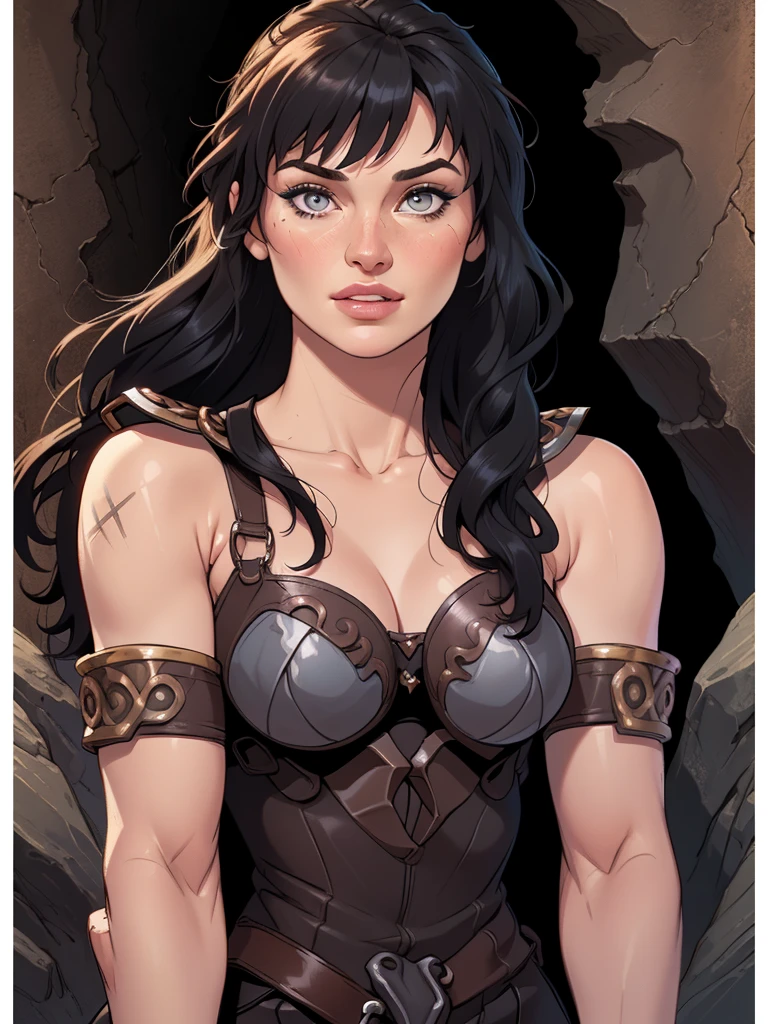Masterfully detailed extremely realistic digital art of beautiful caucasian woman, furtive woman posing, flirty look, fair skin, beautiful face, dark brown eyes, eye bags, eyelashes, makeup, big mouth, pouty lips, wide nose, eyebrows, chin, wide jaw, cheeks, black hair, big breasts, skindentation, skin details, pores, glossy skin, black with purple trim fantasy assassin armor, bracers, creoles earrings, background medieval inn room at night, shadows