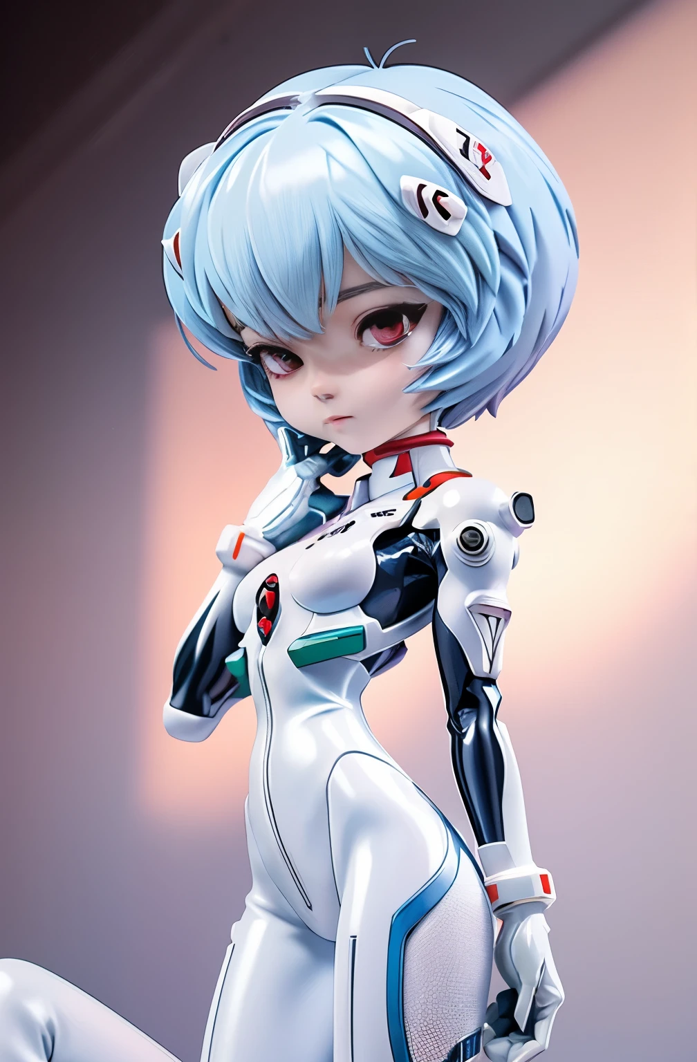masterpiece,((full body:1.1)), (realistic),pictures, best quality, 1 woman,(((Rei Ayanami, plug suit 00 :1.1))),((Beautiful Eyes:1.1)), ((Cute face)), wet eyes, face,Detail face, Lips Detail, detailed eyes, (Thin, sharp, pale eyebrows :1. long eyelashes 。), double eyelids, (魅惑的な笑face), (gentle expression, A fleeting look) , (on the chest White pearl rubber suit with intense metallic luster and smooth surface), ((tight metallic luster latex suit)), ( movie lights: 1.1),from below, (upright), (Camel), ( slim), (((pale blue short hair))), (Thin thin eyebrows)), beautiful hair, It's a sexy pose 。:1.1,Mech Suit, white skin, ((advanced cyberpunk research facility in the background)), (face and eye details: 1.1), Lonely, blanking, very delicate and beautiful girl, standing,,(to8 contrast style)